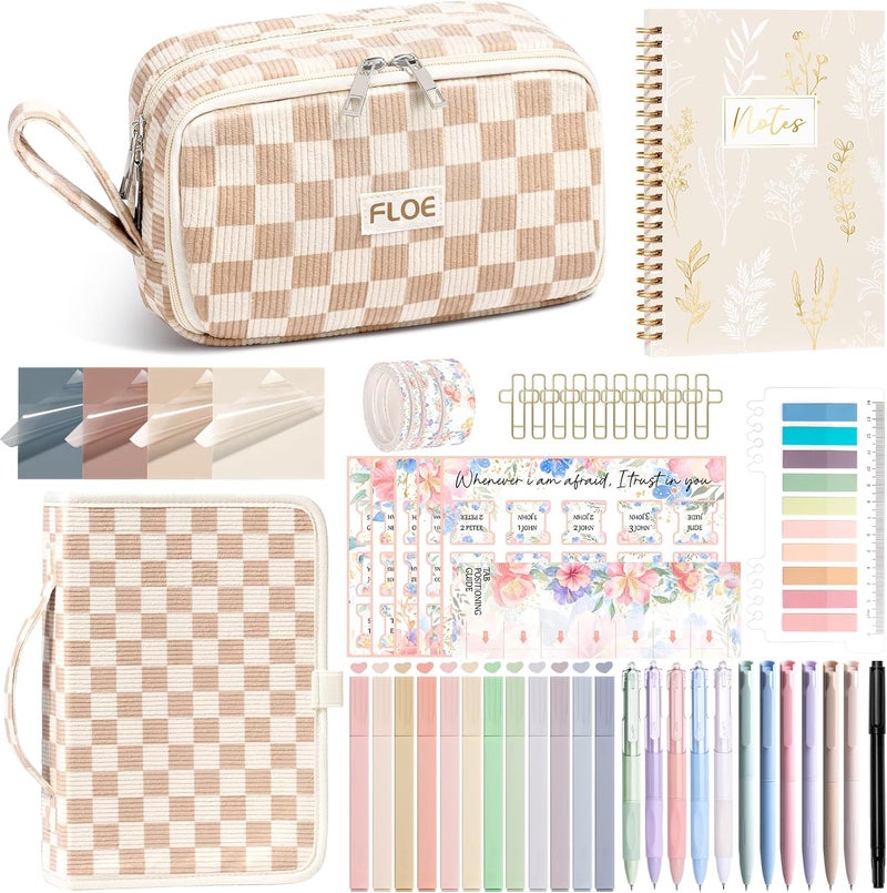 FLOE Bible Study Supplies Journaling Kit for Women with Bible Cover Case, Valentines Day Christian Gifts for Women, Bible Study Tools Accessories Set w/Highlighter Pen, Pencil Case Notebook Annotation Kit - Image 1